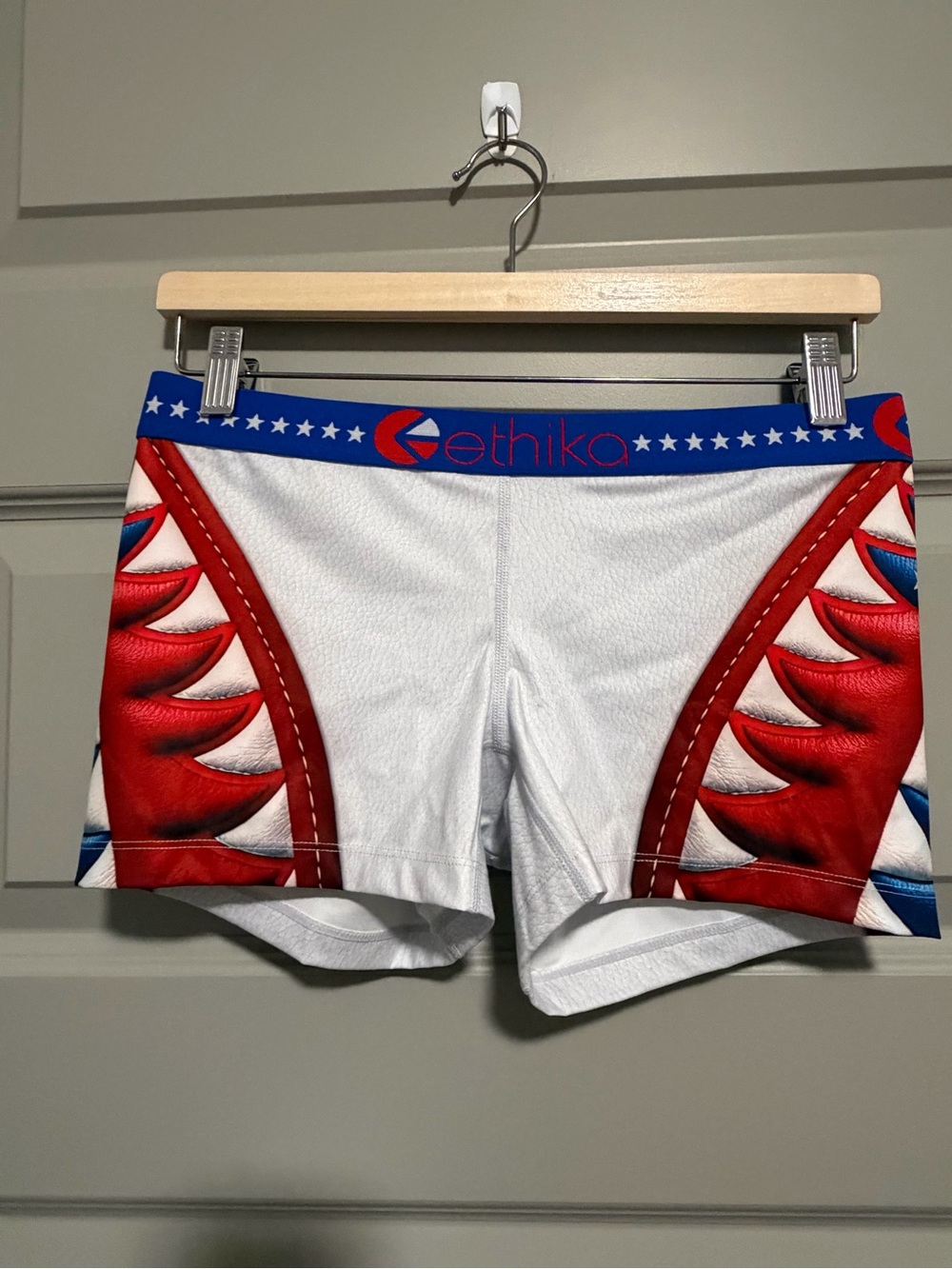 ethika White Shorts with Red & Blue Shark Graphic